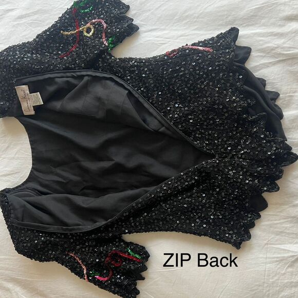 VTG Sz L Lawrence Kazar Silk Sequined New Years 2000 top shoulder pads y2k - Picture 8 of 16